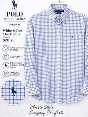 Polo by Ralph Lauren White & Blue Windowpane Button-Down Shirt XL Cotton Stretch